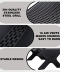 Close-up of Portable Campfire Grill For Outdoors Large Folding Stainless Steel Fire Pit With Grill and air vents detail.