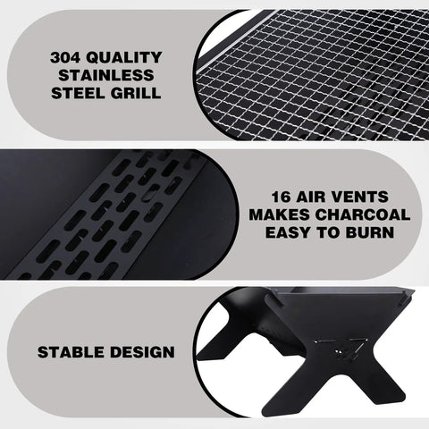 Close-up of Portable Campfire Grill For Outdoors Large Folding Stainless Steel Fire Pit With Grill and air vents detail.