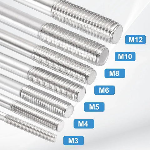 Various sizes of threaded rods including M8, stainless steel, labeled with sizes for 4 Pack M8x75mm Double Ended Stud Screws In 304 Stainless Steel For Home Improvement And Structural Anchoring Dual Threaded Rods With Nuts And Washers For Heavy Duty Fastening In Appliances And House Projects.