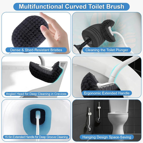 Multifunctional Curved Toilet Brush with ergonomic extended handle for deep cleaning, featuring dense bristles for effective scrubbing.