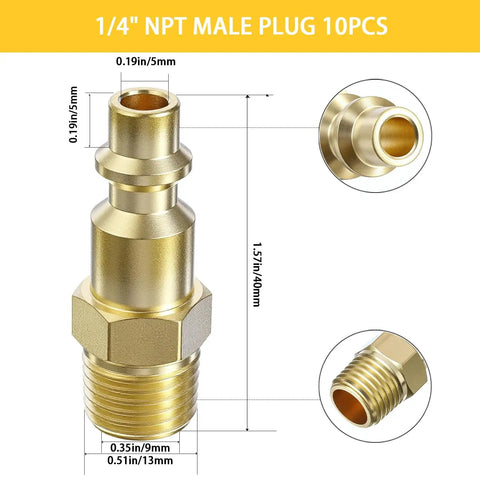 Brass Quarter Inch Air Plug Quick Connect Fittings 10 Pack MNPT Air Hose Connectors shown in detailed measurement diagram.