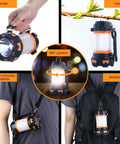 Rechargeable LED Camping Lantern With 360 Degree Illumination, showing handle and hook for easy carry and hanging options.