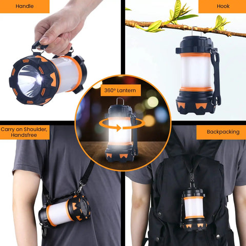 Rechargeable LED Camping Lantern With 360 Degree Illumination, showing handle and hook for easy carry and hanging options.
