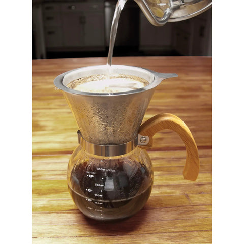 Next Level Pour Over Coffee Maker With Heat Resistant Borosilicate Glass Carafe being used with hot water pouring into it.