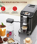 Straight Up Fully Automatic Espresso Machine With 20 Bar Pressure One Touch Cappuccino And Latte Brewer Black and Silver with display and sugar container.