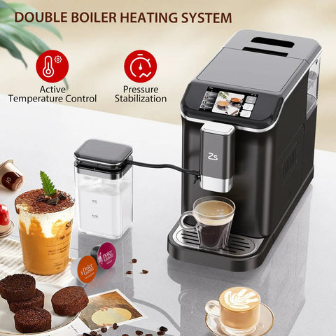 Straight Up Fully Automatic Espresso Machine With 20 Bar Pressure One Touch Cappuccino And Latte Brewer Black and Silver with display and sugar container.