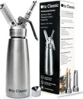 304 Stainless Steel Whipped Cream Dispenser 500ml with 3 decorating nozzles, packaging, and cleaning brush displayed.