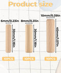 Thirty Piece Wood Dowel Set With One Quarter Inch, Three Eighths Inch, And Five Sixteenths Inch Hardwood Fluted Dowels product size chart