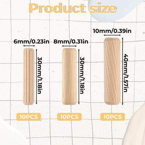 Thirty Piece Wood Dowel Set With One Quarter Inch, Three Eighths Inch, And Five Sixteenths Inch Hardwood Fluted Dowels product size chart