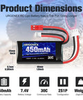 7.4V 450mAh 2S LiPo Battery With JST And PH2.0 Plugs, 30C Discharge, size and specifications details shown