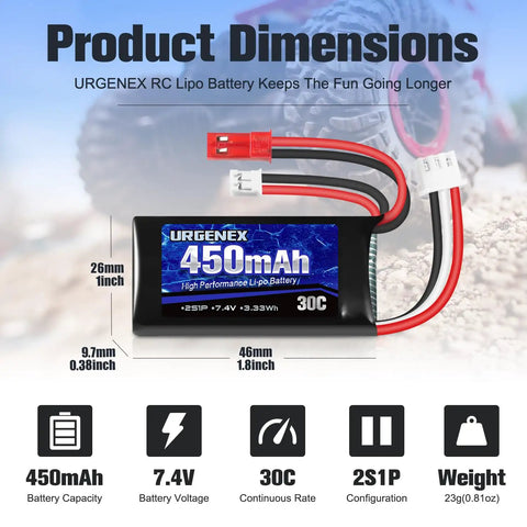 7.4V 450mAh 2S LiPo Battery With JST And PH2.0 Plugs, 30C Discharge, size and specifications details shown