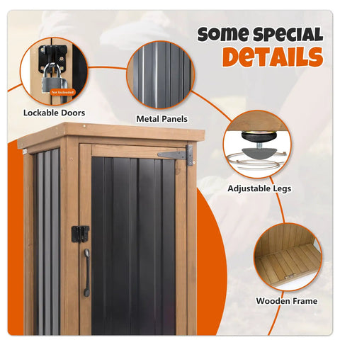 Slim Outdoor Storage Cabinet With Weatherproof Roof Wood And Metal Construction Removable Shelf Lockable Door Two Hinges