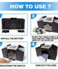 Instructions for using 4 Deck Automatic Card Shuffler with Plug In and Battery Power for Home Poker Nights, showing four steps.