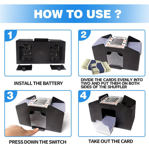 Instructions for using 4 Deck Automatic Card Shuffler with Plug In and Battery Power for Home Poker Nights, showing four steps.