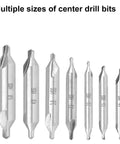 Pro Grade 7 Piece Center Drill Bit Set M2 HSS With 60 Degree Countersink for Lathe Metal Woodworking Sizes 1.0 to 5.0 mm shown