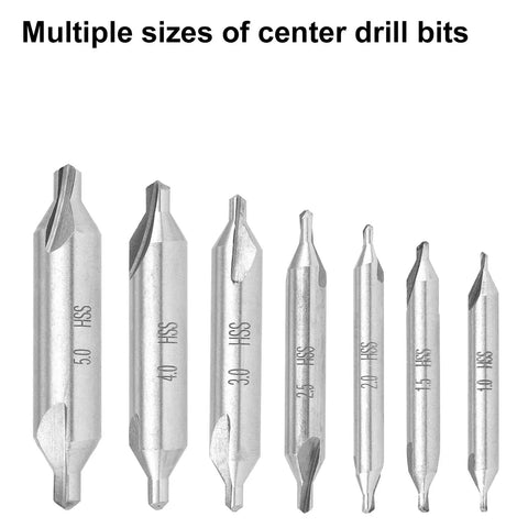 Pro Grade 7 Piece Center Drill Bit Set M2 HSS With 60 Degree Countersink for Lathe Metal Woodworking Sizes 1.0 to 5.0 mm shown