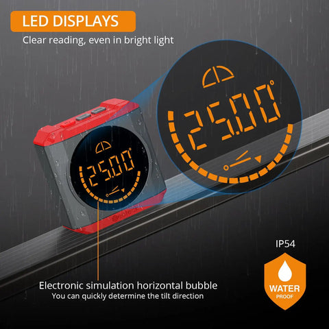 Pro Digital Angle Finder With Led Rechargeable Level Magnetic Base Waterproof Bevel Gauge Inclinometer showing 25.00° reading in rain.