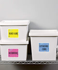 No Sweat Printable Shipping Labels For Your Daily Mail Runs Featuring Smooth Sure Feed Paper And Total True Block Coverage, 3 By 4 Inch bright white stickers on labeled storage bins.