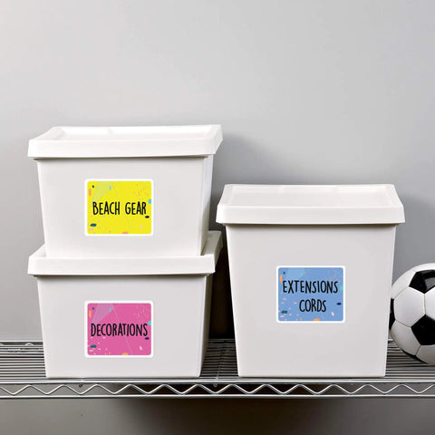 No Sweat Printable Shipping Labels For Your Daily Mail Runs Featuring Smooth Sure Feed Paper And Total True Block Coverage, 3 By 4 Inch bright white stickers on labeled storage bins.