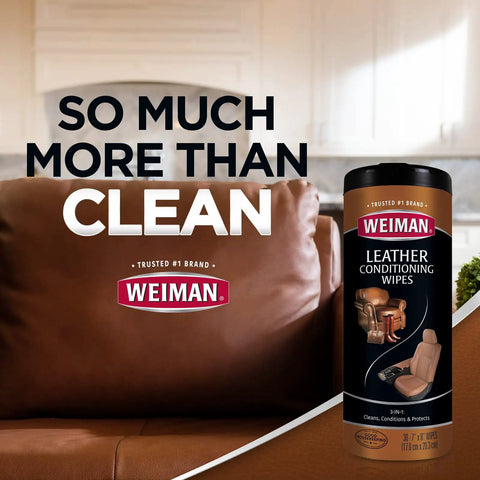 Top Shelf Leather Cleaner And Conditioner Wipes With Cloth Scrub Out Stubborn Grime While Leaving A Slick Protectant Layer on leather sofa.