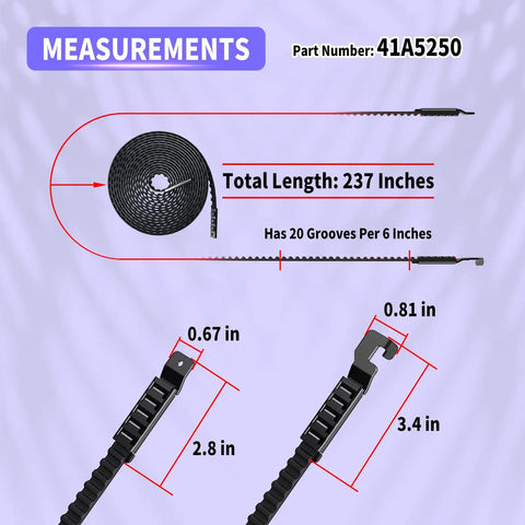 237 Inch Garage Door Opener Drive Belt Replacement For LiftMaster Chamberlain Craftsman Sentex Whisper 7 Foot Openers Quiet Operation With Rubber Ribbed Design For Smooth Low Noise Performance, showing measurements and part number 41A5250.