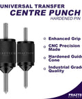 Universal Transfer Center Aligner Center Punch Set Of 2 Hardened Pins with knurled grips and CNC precision description shown