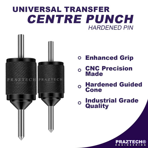 Universal Transfer Center Aligner Center Punch Set Of 2 Hardened Pins with knurled grips and CNC precision description shown