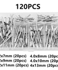120 Piece Aluminum Alloy Blind Rivets Set Kit With Dome Head Rivets And Rivet Nut Tools For Metal shown in clear case