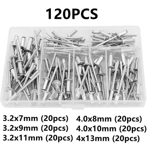 120 Piece Aluminum Alloy Blind Rivets Set Kit With Dome Head Rivets And Rivet Nut Tools For Metal shown in clear case