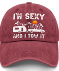 I'm Sexy and I Tow It Vintage Camping RV Camper Hat For Men Wine Red Adjustable Buckle Cap with mountain design