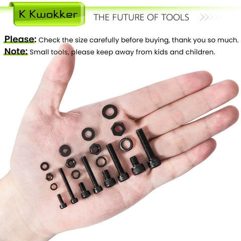 Hand holding small items from the 1160Pcs Metric Bolts And Nuts Kit With M3 M4 M5 M6 Hex Socket Head Cap Screws, Zinc Plated.