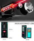 Heavy Duty Red Laser Distance Meter Measures Up To 393 Ft With Smart Tilt Sensor And Backlit Screen, showing laser details and device dimensions.