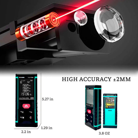 Heavy Duty Red Laser Distance Meter Measures Up To 393 Ft With Smart Tilt Sensor And Backlit Screen, showing laser details and device dimensions.