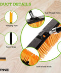 Real Deal Heavy Duty Push Broom With Long Handle Made To Crush Daily Grime On Smooth Floors Sweeps Sand Mud Leaves And Water Easy Without Breaking A Sweat In Bright Yellow 18 Inches Wide details showing hanging hole, foam wrap, and stiff bristle brush