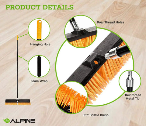 Real Deal Heavy Duty Push Broom With Long Handle Made To Crush Daily Grime On Smooth Floors Sweeps Sand Mud Leaves And Water Easy Without Breaking A Sweat In Bright Yellow 18 Inches Wide details showing hanging hole, foam wrap, and stiff bristle brush