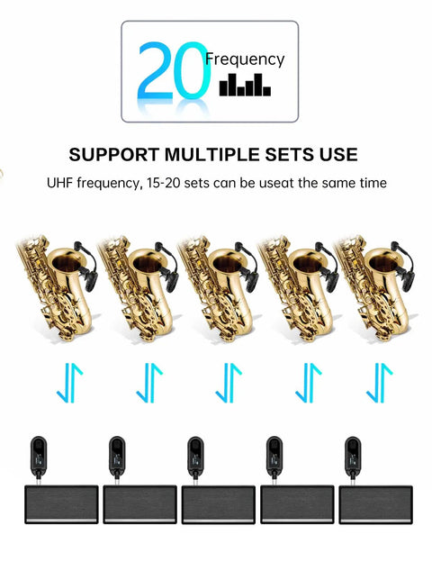 Wireless UHF Saxophone Microphone System With Clip On Instrument Mic for Sax And Trumpet, multiple saxophones setup