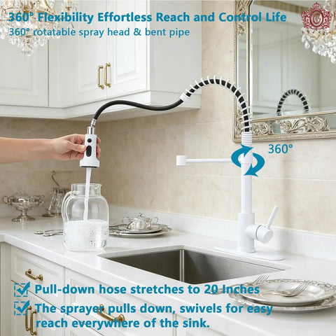 GICASA Kitchen Faucet - Pull Down Sprayer,High arc Commercial Stainless Steel Kitchen Sink Faucet White with 360° rotating sprayer.