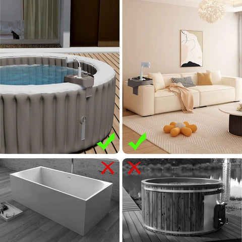 Hot Tub Table Tray With Adjustable Phone Holder And Dual Drink Caddies for Outdoor Pools and Spas on hot tub and sofa