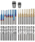 40-piece CNC router bit set with ER11/ER16 collets and 1/8" shanks; includes flat and ball nose bits, blue and titanium-coated.