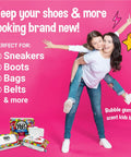 Bubble Gum Scented Shoe Cleaner Wipes For Sneakers White Shoes Leather Canvas And More Two Packs Of Thirty Quick Clean Wipes In Resealable Travel Bags shown with playful imagery on pink background