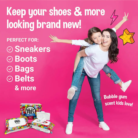 Bubble Gum Scented Shoe Cleaner Wipes For Sneakers White Shoes Leather Canvas And More Two Packs Of Thirty Quick Clean Wipes In Resealable Travel Bags shown with playful imagery on pink background