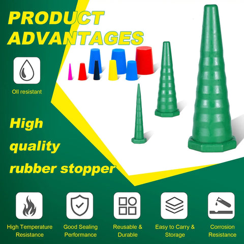 Hydraulic Oil Service Plugs Kit 25 Piece Universal Rubber Plugs And Caps For Hoses And Oil Lines Irrigation 3 Sizes Pro Grade Durable Heavy Duty Leak Proof Green with product advantages displayed.