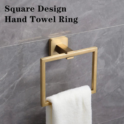 Square design towel ring from Brushed Gold 4 Piece Bathroom Hardware Set Built From Stainless Steel SUS304 Wall Mounted Includes 16 Inch Towel Bar Toilet Paper Holder Towel Ring Durable Rustproof Bath Accessories for a Dope Modern Look