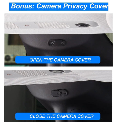 Five Piece Center Console Organizer Kit For Tesla Model 3 And Model Y 2021 To 2024 with camera privacy cover open and closed view.