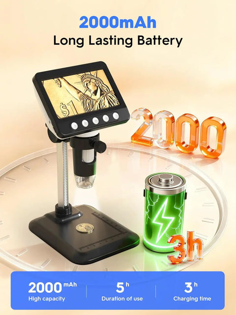 4 Point 3 Inch LCD USB Digital Coin Microscope With Screen 1080P HD Imaging Real Time Video 50X To 1000X Magnification Eye Friendly Viewing For Coins And Tiny Details, 2000mAh battery