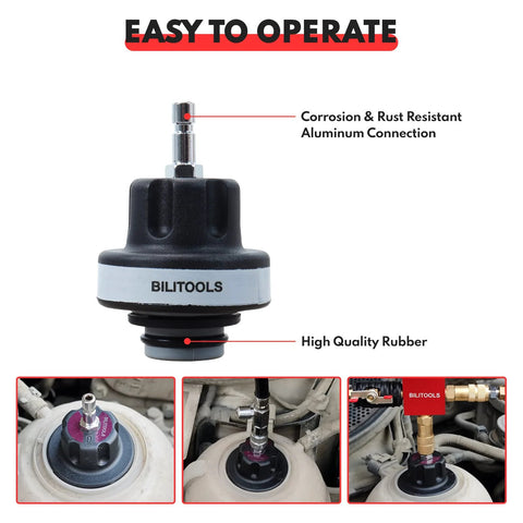 BILITOOLS radiator coolant pressure tester with corrosion-resistant aluminum connection and rubber seal.