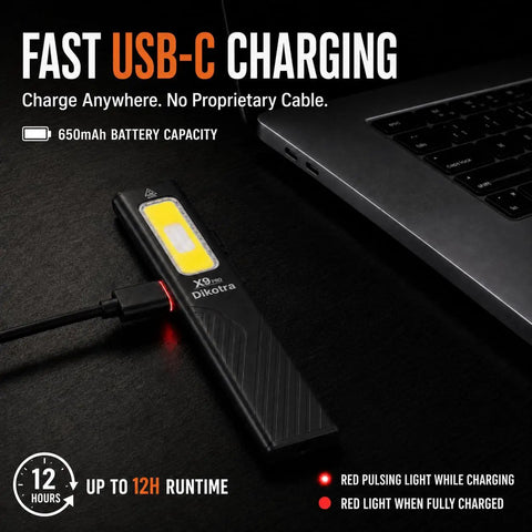 Ultra Slim EDC Flashlight With 800 Lumen Output, USB-C charging setup with laptop, showcasing flashlight and cable connection.