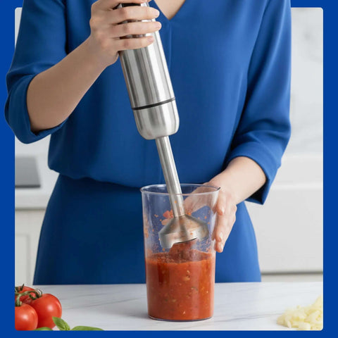 Top Shelf 4 In 1 Immersion Hand Blender Set That Features An 800W Motor And Eight Quick Gears for blending soup in a measuring beaker.