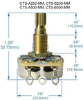 Dimensions of Metric B250K Linear Split Shaft Potentiometer For Guitars, shows brass shaft and mounting holes