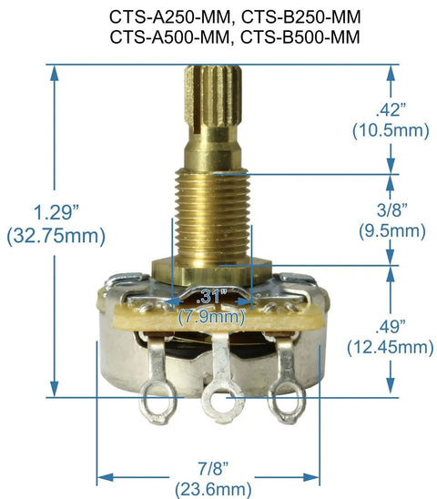 Dimensions of Metric B250K Linear Split Shaft Potentiometer For Guitars, shows brass shaft and mounting holes